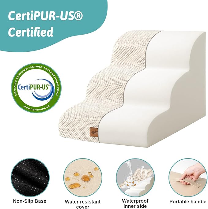 Dog Stairs for Small Dogs 15.7" H, Curved Dog Step for Puppy, Older Cat, Medium Pet Ramp for Sofa, Couch or Bed, Ladder with High Density Foam, 15.7x22.4x15.7 inch, 3 Step, Beige