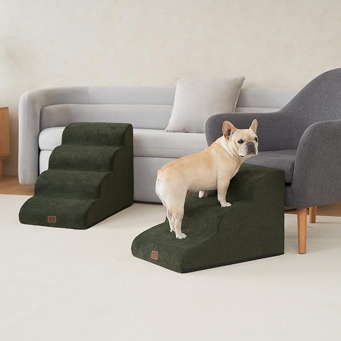 EHEYCIGA Curved Dog Stairs Ramp for Small Dogs 15.7" H, 3-Step Dog Steps for Couch Sofa and Chair, Pet Stairs for Cats, Non-Slip Balanced Pet Steps Indoor, Olive Green