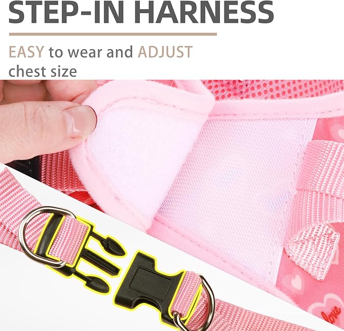 PUPTECK Dog Harness and Leash Set for Small Medium Dogs No Pull Step-in Soft Mesh Puppy Cat Vest Harnesses Reflective at Night Valentine, Light Pink, S