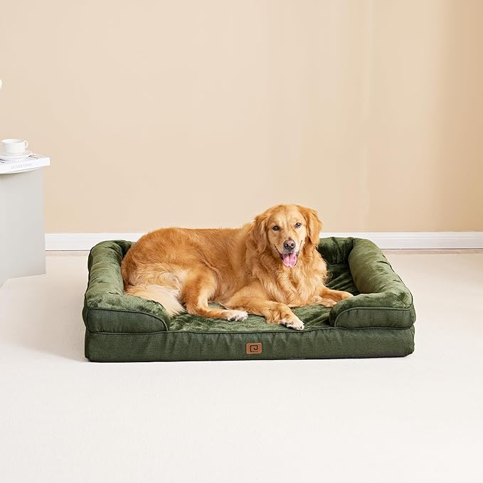 EHEYCIGA Orthopedic Dog Beds for Large Dogs, Waterproof Memory Foam Large Dog Bed with Sides, Non-Slip Bottom and Egg-Crate Foam Pet Couch Bed with Washable Removable Cover, Dark Green