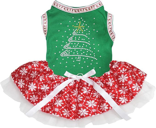 Petitebella Rhinestone Christmas Tree Puppy Dog Dress (Green/Snowflakes, X-Small)