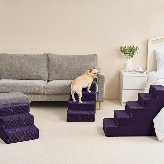 EHEYCIGA Dog Stairs for High Bed 22.5”H, 5-Step Dog Steps for Bed, Pet Steps for Small Dogs and Cats, Non-Slip Balanced Pet Ramp Indoor, Purple