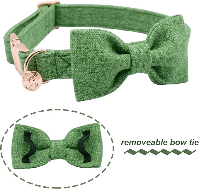 DOGWONG Hemp Cotton Dog Collar with Bow Green Pet Collar Durable Adjustable Puppy Collar for Small Medium Large Dogs