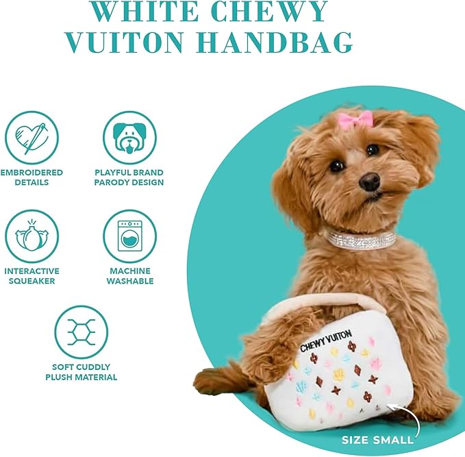 Haute Diggity Dog Chewy Vuiton White Purse, Plush Designer Dog Toys with Interactive Squeaker, Stimulating Pet Enrichment, Machine-Washable & Safe Materials for All Breeds, Size Large