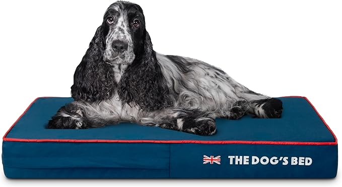 The Dog’s Bed Orthopedic Memory Foam Dog Bed, Medium Blue Oxford with Red Trim UK Flag 34x22, Pain Relief for Arthritis, Hip & Elbow Dysplasia, Post Surgery, Supportive, Calming, Waterproof Washable