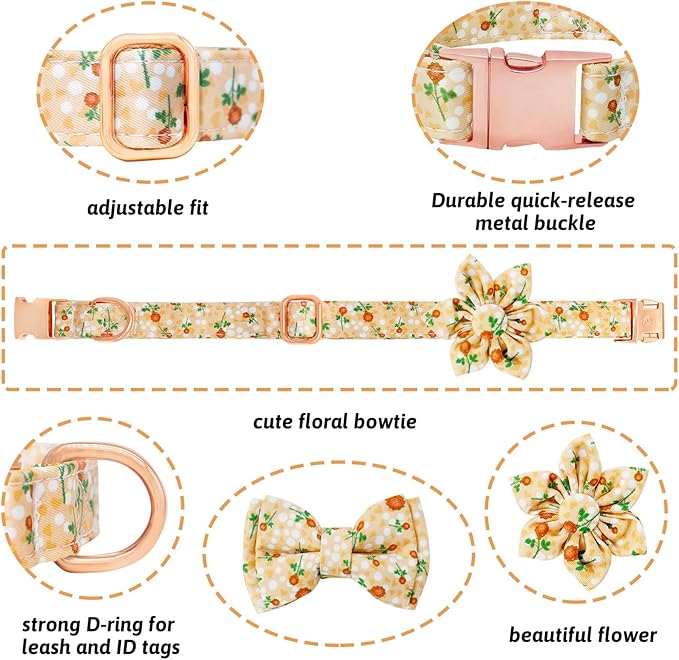 Dog Collar and Leash Set Girls Adjustable Puppy Collars with Floral Bow Tie for Small Medium Large Female Dogs, YellowFlower, L