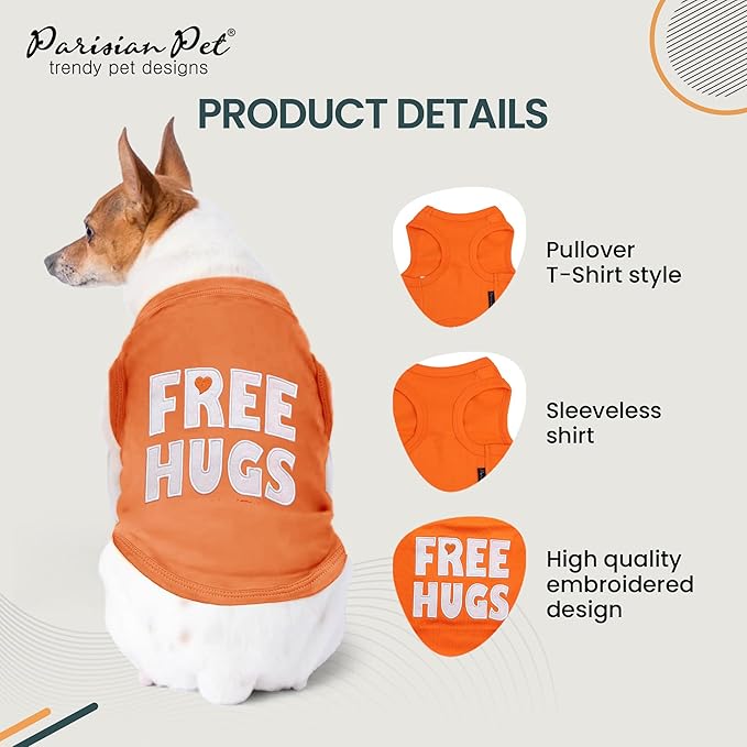 Parisian Pet Dog T-Shirt - Embroidered ' Free Hugs ' Dogs Apparel - 100% Cotton, Dog Clothes - Sleeveless Doggy Tank Top - Machine Washable Shirts for Large Dogs XL
