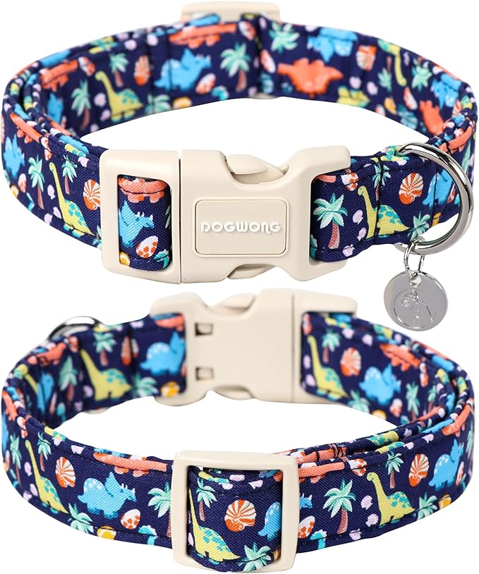 DOGWONG Cotton Dog Collar - Blue Dinosaur Design, Soft Natural Fabric, Cute Summer Puppy Necklace for Small to Large Dogs