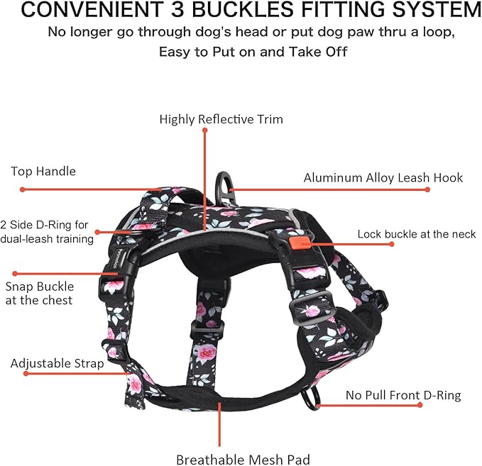 Petmolico No Pull Dog Harness and Leash Set, No Choke 4 Leash Attchments Easy Control Handle Soft Padded Reflective Vest Dog Harness for Medium Dog Breed, Rose Medium