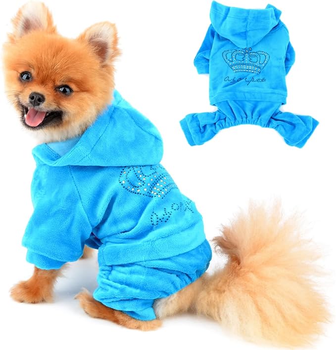 SEIMAI Dog Hoodies Jumpsuit for Small Dog Cat Puppy Rhinestone Crown Soft Velvet Autumn Winter Hooded Pajamas Tracksuit Outfits Sportswear Jacket with Hat Training Outdoor Blue XL