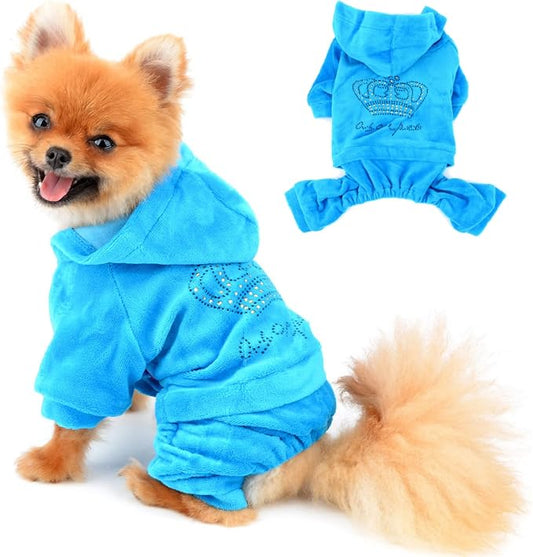 SEIMAI Dog Hoodies Jumpsuit for Small Dog Cat Puppy Rhinestone Crown Soft Velvet Autumn Winter Hooded Pajamas Tracksuit Outfits Sportswear Jacket with Hat Training Outdoor Blue XL