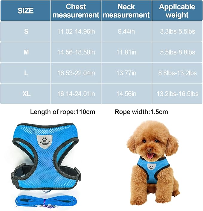 shudyear Dog Walking Chest Harness and Leash, Anti-Escape Adjustable Soft Mesh Dog Leash and Harness Set for Small Dog and Puppies, Vest for Medium Sized Dogs (Sky Blue, XL)