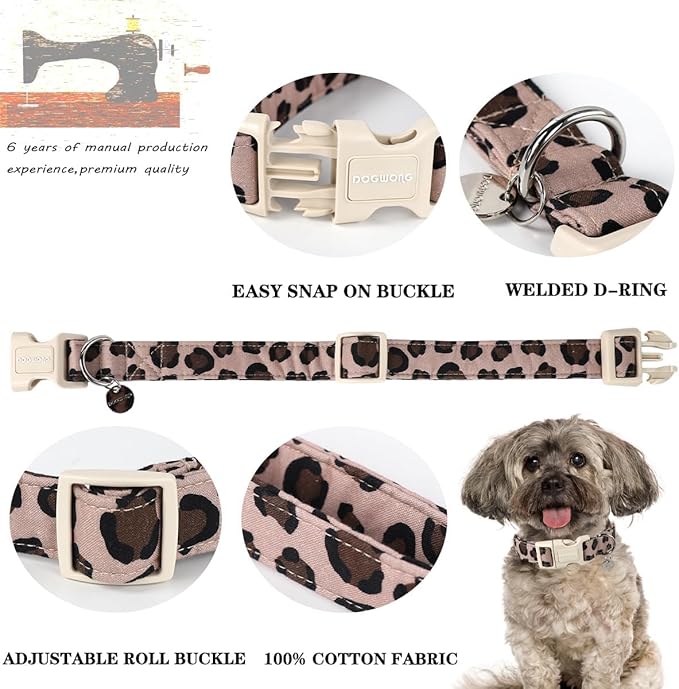 DOGWONG Cotton Dog Collar, Leopard Spring Summer Dog Collar Durable Soft Natural Fabric Pet Dog Collar Cute Wedding Puppy Necklace for Small Medium Large Dog
