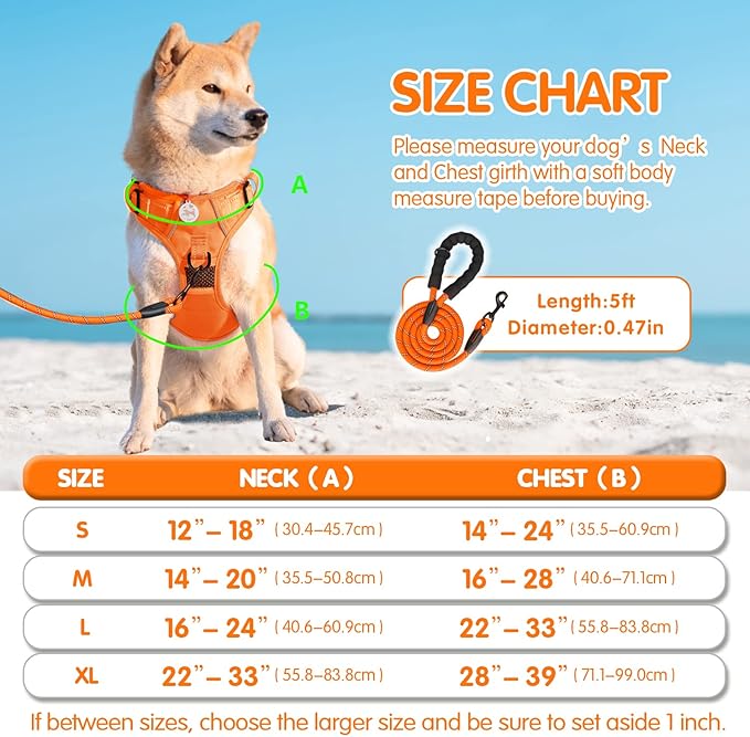 PoyPet No Pull Dog Harness and 5 Feet Leash Set, Release on Neck Reflective Adjustable Pet Vest, Front & Back 2 D-Ring and Soft Padded Pet Harness with Handle for Small to Large Dogs(Orange,L)