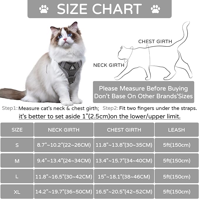 Cat Harness and Leash Set Escape Proof, Adjustable Vest with Lead for Large Cat Small Dog Puppy Outdoor Walking, Soft Breathable Mesh Jacket with Reflective Strips for Dark Night, L Gray
