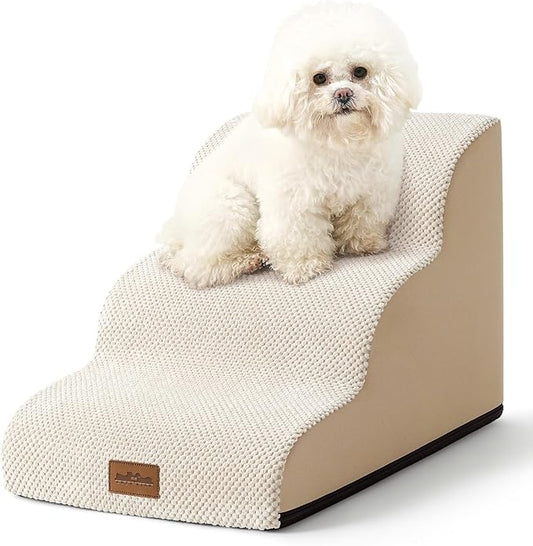 Dog Stairs for Small Dogs 15.7" H, Curved Dog Step for Puppy, Older Cat, Medium Pet Ramp for Sofa, Couch or Bed, Ladder with High Density Foam, 15.7x22.4x15.7 inch, 3 Step, Beige