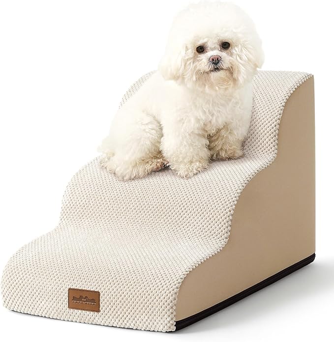 Dog Stairs for Small Dogs 15.7" H, Curved Dog Step for Puppy, Older Cat, Medium Pet Ramp for Sofa, Couch or Bed, Ladder with High Density Foam, 15.7x22.4x15.7 inch, 3 Step, Beige