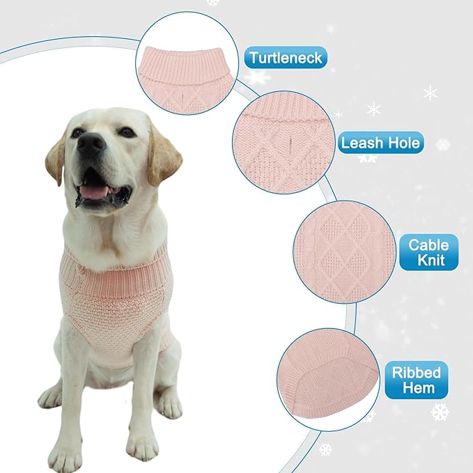 Mihachi Turtleneck Dog Sweater - Winter Coat Apparel Classic Cable Knit Clothes with Leash Hole for Cold Weather, Ideal Gift for Pet in New Year Rosy Medium/Large