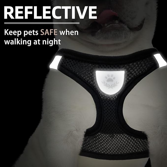 PUPTECK Adjustable Dog Harness Collar and Leash Set Step in No Pull Pet Harness for Small Medium Dogs Puppy and Cats Outdoor Walking Running, Soft Mesh Padded Reflective Vest Harnesses, Solid Black XL