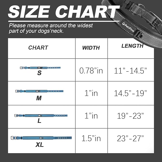 PetiFine Neoprene Padded Dog Collar, Heavy Duty Comfort Dog Collar with Durable Metal Buckle, Reflective Adjustable Belt Buckle Dog Collars for Small Medium Large Dogs(11”-14.5“, Blue)