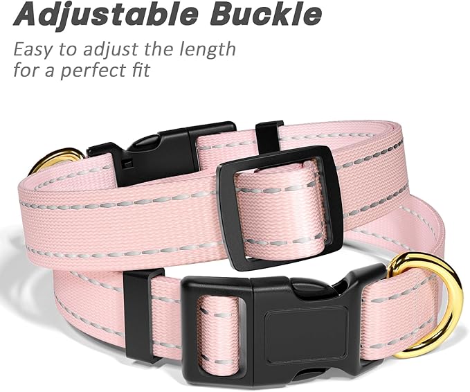 Reflective Dog Collar for Medium Dogs, Cute Adjustable Heavy-Duty Nylon Puppy Collars for Boy and Girl Female, Soft Pet Accessories with Quick Release Buckle, Neck 14-20", Pink