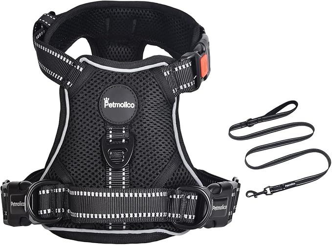 Petmolico No Pull Dog Harness and Leash Set, No Choke 4 Leash Attchments Easy Control Handle Soft Padded Reflective Vest Dog Harness for Medium Dog Breed, Black Medium