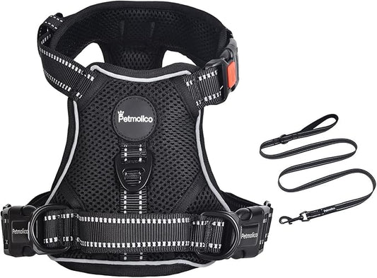 Petmolico No Pull Dog Harness and Leash Set, No Choke 4 Leash Attchments Easy Control Handle Soft Padded Reflective Vest Dog Harness for Medium Dog Breed, Black Medium
