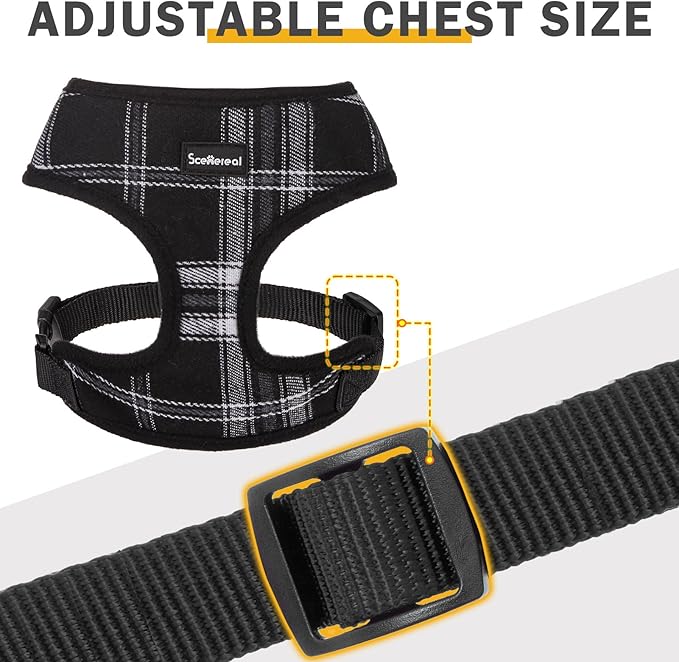 SCENEREAL No Pull Dog Harness Collar and Leash Set Small Medium Sized Dog, Soft Mesh Step in Puppy Harnesses, No Chock Plaid Adjustible Pet Vest for Outdoor Walking Training and Running, Black XS