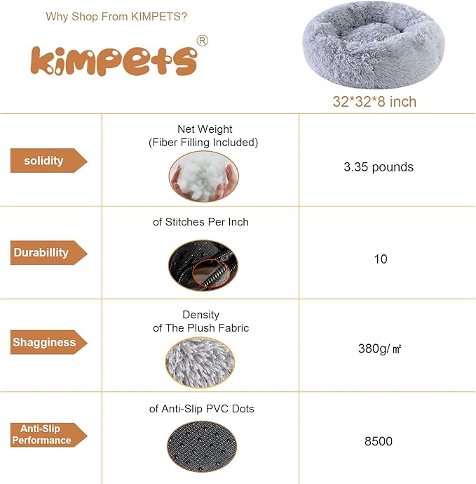 Dog Calming Beds for Small Medium Dogs - Round Donut Washable Dog Bed, Anti-Slip Faux Fur Fluffy Donut Cuddler Anxiety Cat Bed(Light Grey 32")