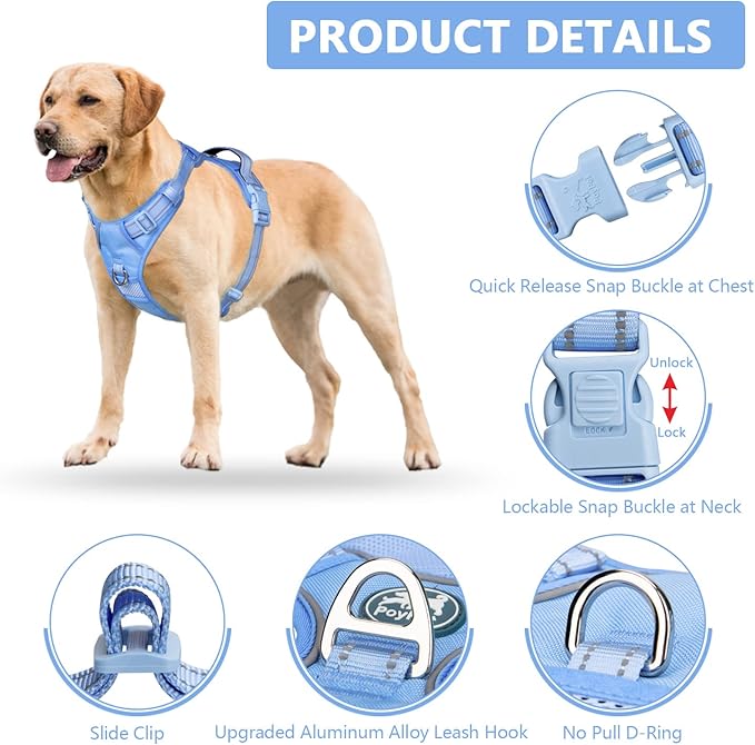 PoyPet No Pull Dog Harness, No Choke Reflective Dog Vest, Adjustable Pet Harnesses with Easy Control Padded Handle for Small Medium Large Dogs(Light Blue Matching Trim,XL)