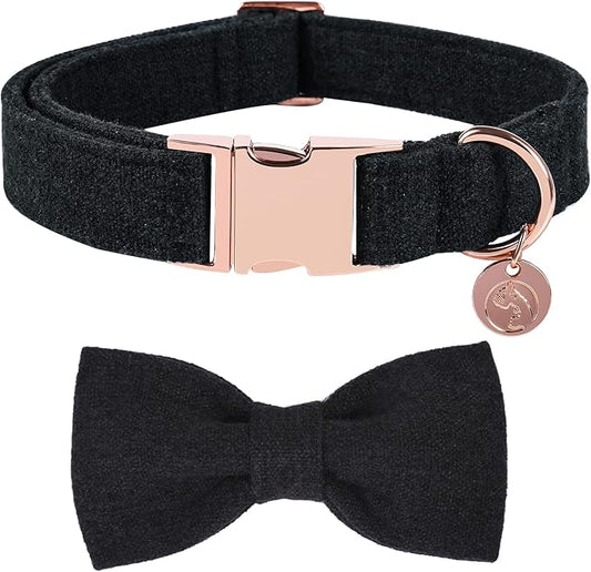 DOGWONG Hemp Cotton Dog Collar with Bow, Black Pet Collar Durable Adjustable Puppy Collar for Small Medium Large Dogs
