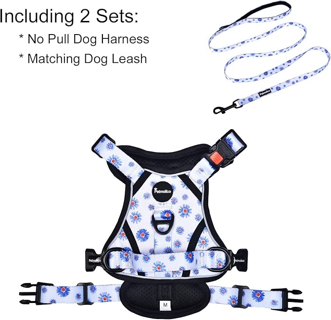 Petmolico No Pull Dog Harness and Leash Set, No Choke 2 Leash Attchments Easy Control Handle Soft Padded Reflective Vest Pet Harness for Medium Dog Breed, Daisy Medium