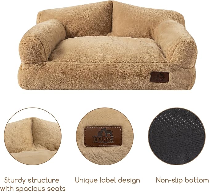 Hollypet Fluffy Plush Pet Dog Cat Couch Soft Calming Pet Sofa Bed for Medium Small Cats and Dogs, Light Brown