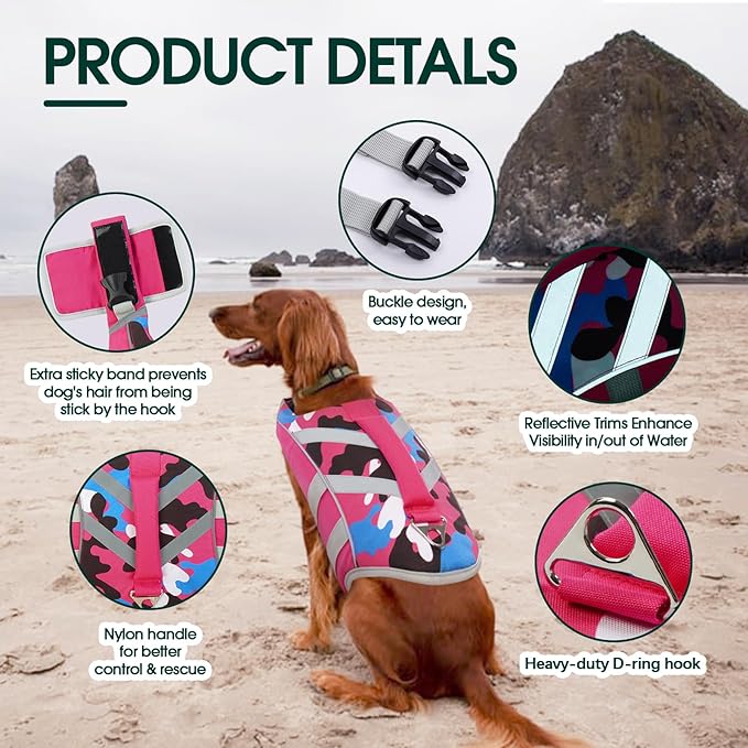 Kuoser Dog Life Jacket with Reflective Stripes - Adjustable High Visibility Vest, Ripstop Lifesaver, Pet Preserver with High Flotation Swimsuit for Small, Medium and Large Dogs