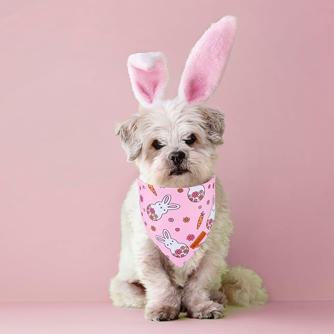 ADOGGYGO Easter Dog Bandana, Pink Bunny Scarf, Premium Durable Fabric, Adjustable Fit Female Pet Easter Bandanas for Small Dogs (Small)