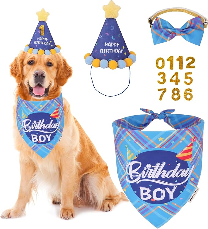 ADOGGYGO Dog Birthday Party Supplies, Blue Birthday Boy Bandana, Bowtie, Numbers, Party Hat for Extra Large Dogs (X-Large)