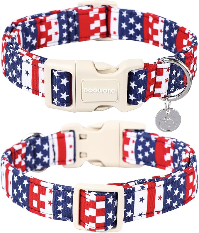 DOGWONG Cotton Dog Collar, Patriotic Dog Collar Durable Soft Natural Fabric Pet Dog Collars Cute Patriotic Puppy Necklace for Small Medium Large Dog