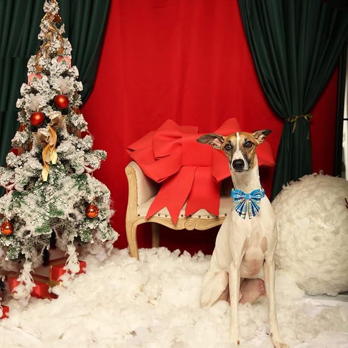 Unique style paws Blue Plaid Dog Collar with Bow Cute Puppy Collar for Small Medium Large Dogs as Autumn Winter Pet Gifts-S