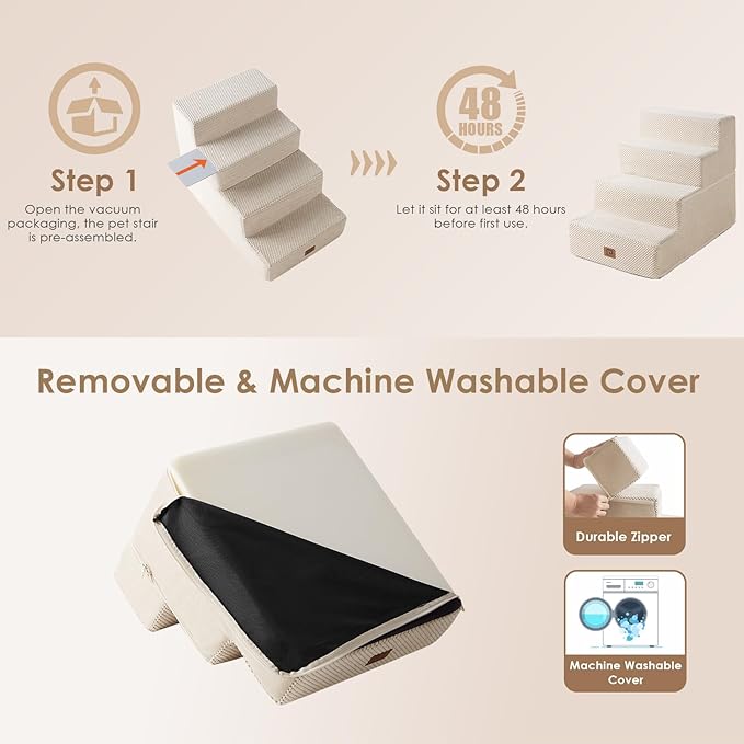 EHEYCIGA Dog Stairs for Bed 18”H, 4-Step Dog Steps for High Bed, Pet Steps for Small Dogs and Cats, Non-Slip Balanced Pet Ramp Indoor, Beige