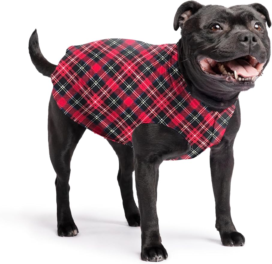 Stretch Fleece Dog Coat, Stretchy Pet Sweater, Machine Washable Pullover for Winter and Fall, Red Plaid, 16
