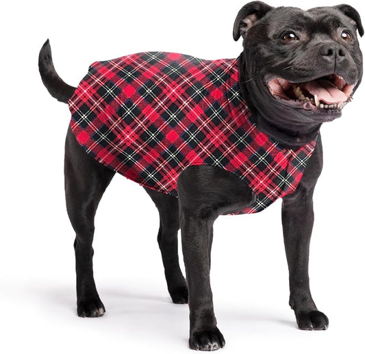 Stretch Fleece Dog Coat, Stretchy Pet Sweater, Machine Washable Pullover for Winter and Fall, Red Plaid, 16