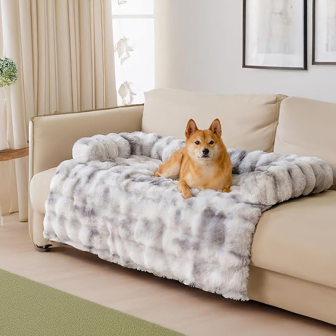 FUNNYFUZZY Calming Dog Bed Mat, Fluffy Fuzzy Couch Cover for Sofa, Furniture Protector with Removable Washable Cover for Medium Small Dogs and Cats (Tie-dye Grey,47.24 × 37.4 × 6.3 in)