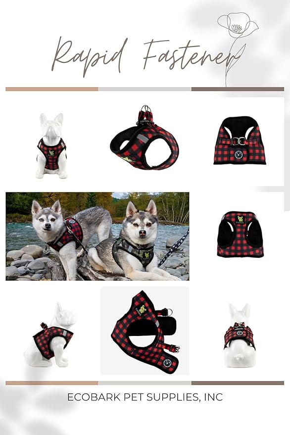 EcoBark Step in Dog Harness - Reflective Soft Ultra Padded Mesh Dog Harnesses for XXS, XS, Small, and Medium Dogs Eco-Friendly Comfort Secure Halter No Pull Adjustable Pet Vest (Red Plaid, Medium)