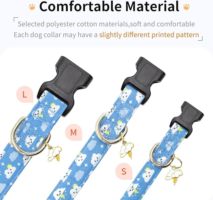Cotton Dog Collar,Adjustable Cute Puppy Collar with Moon Patterned Design for Small Medium Large Dogs,Soft and Fancy Pet Collar with Safety Buckle for Girl Boy Dogs (Blue Cloud, S)