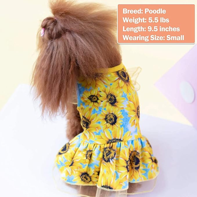 KYEESE Dog Dress for Small Dogs Sunflower Dogs Sundress Tulle with Ruffle Sleeves Dog Apparel
