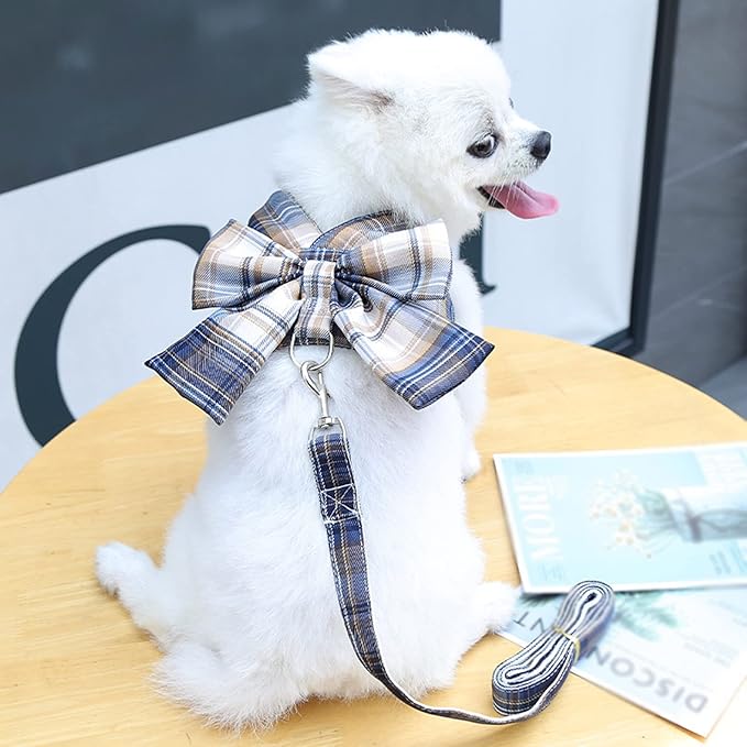 Harness and Leash Set, Cute Bow Tie Plaid Harnesses for Puppy Cat, Adjustable Pet Kitties Vest, Breathable Harness Traction Rope for Boy Girl Small Animal(Harness Navy Blue,XL for 12.1-15.4lbs Dog)