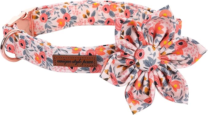 Uniqe Style Paws Flower Dog Collar, Peach Rose Adjustable Girl Dog Collar with Flower, Durable Floral Pattern Pet Collar for Small Female Dogs