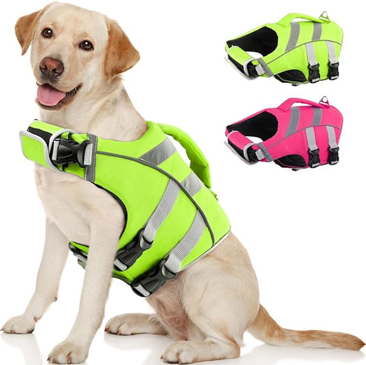 Kuoser Medium Dog Swim Vests - Reflective Life Jackets for Beach & Boating, Green