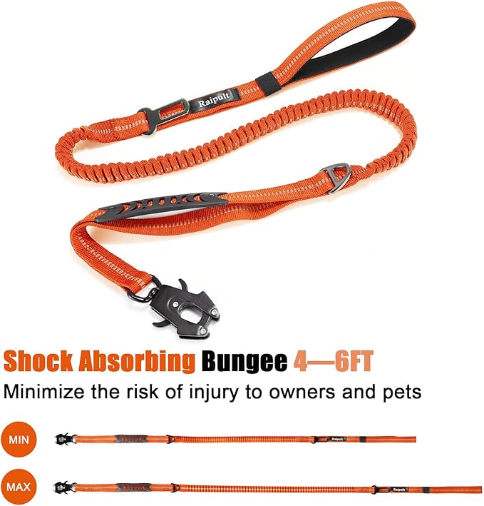 Raipult Heavy Duty Frog Clip Dog Leash, 4-6FT Strong Bungee Training Leash with 2 Handles, Highly Reflective Shock Absorbing Elastic Leashes with Car Seatbelt for Medium Large Dogs,Orange
