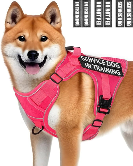Reflective Pink Service Dog in Training Vest Harness for Medium Dogs, Adjustable Heavy Duty Padded Dog Harness, with Front Clip and Metal Buckles Do Not Pet for Training, Hiking